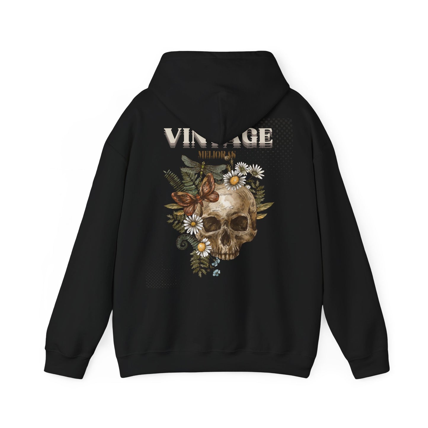 Schwarzer Hoodie 100 % Baumwolle mit Vintage Schädel und Blumen – Unisex Streetwear von Melioras
