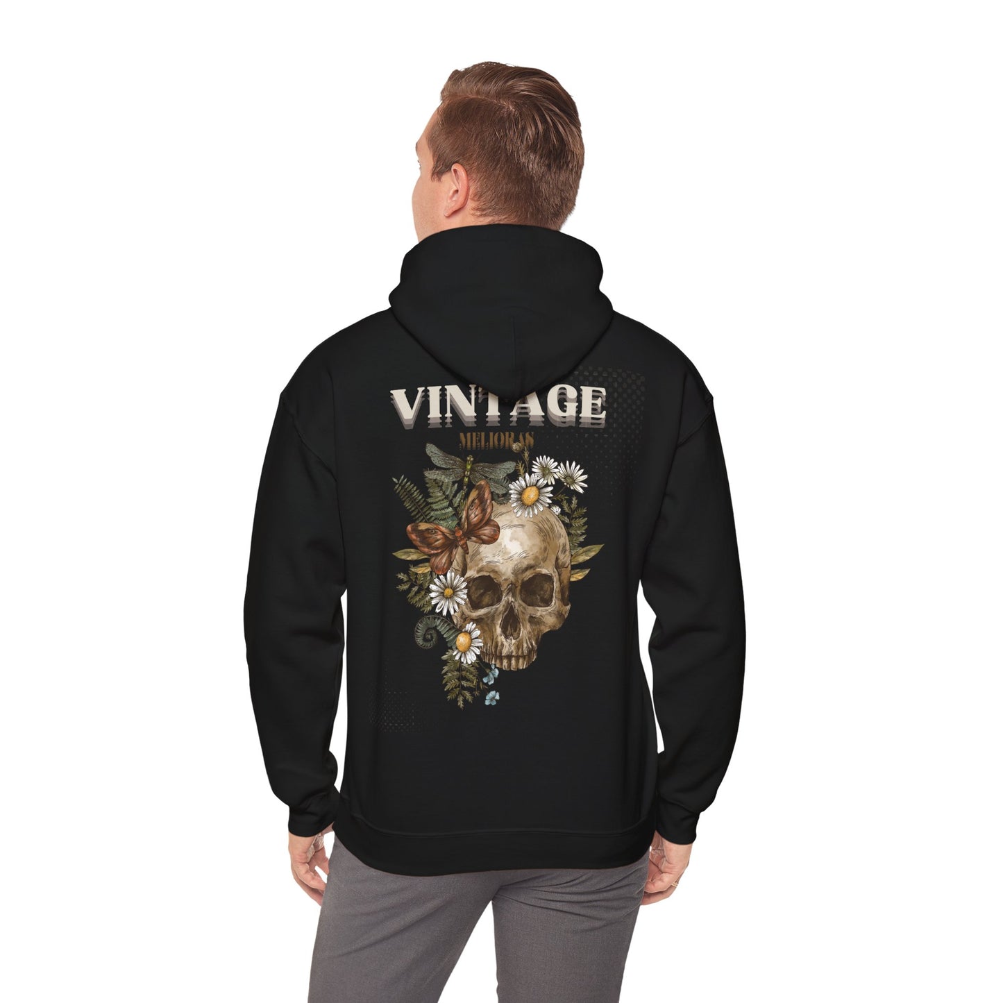Schwarzer Hoodie mit Vintage-Schädel-Design und Blumenprint – Melioras Streetwear im Retro-Stil für Männer