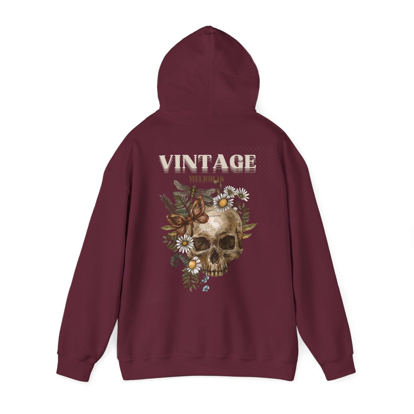 Bordeaux Hoodie 100 % Baumwolle mit Vintage Schädel und Blumen – Unisex Streetwear von Melioras