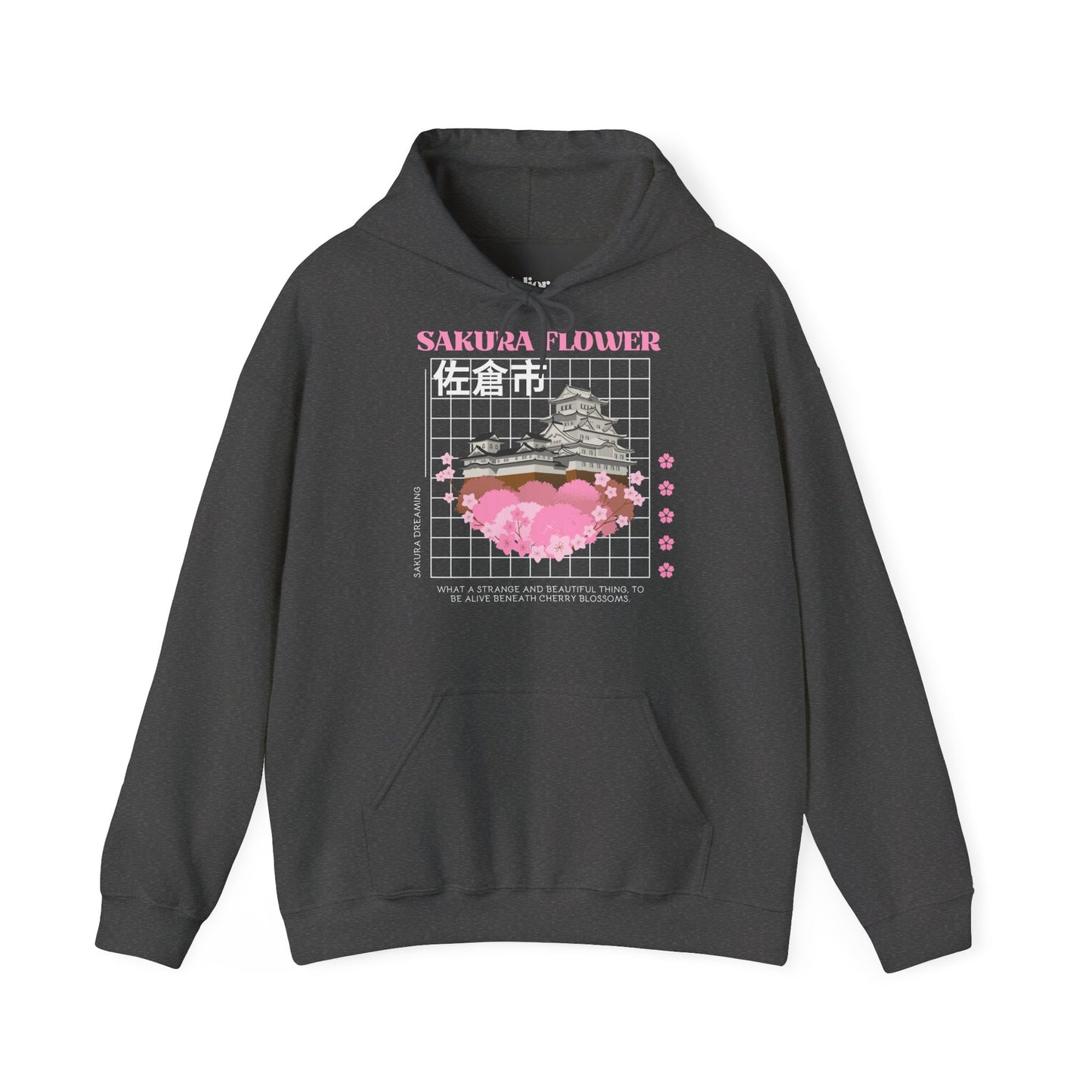 Dunkelgrauer Hoodie mit Kapuze, Kängurutasche und großem Frontmotiv Sakura Flower, Kirschblüten und japanischer Burg