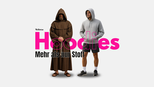 Blogserie Hoodies: Mehr als nur Stoff – Visualisierung der Hoodie-Geschichte mit mittelalterlichem Mönch in Kutte neben modernem Sportler im grauen Hoodie.