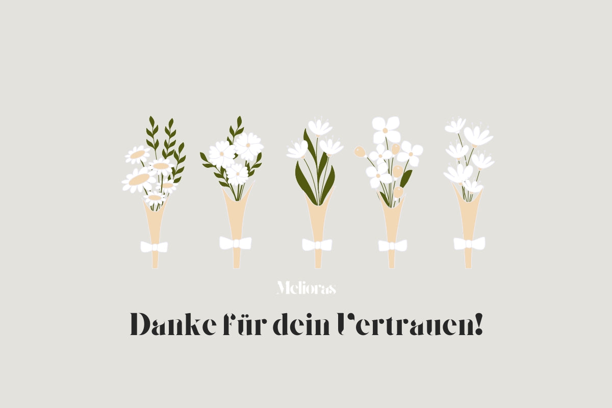 Strauß Blumen, Melioras Logo und Danksagung