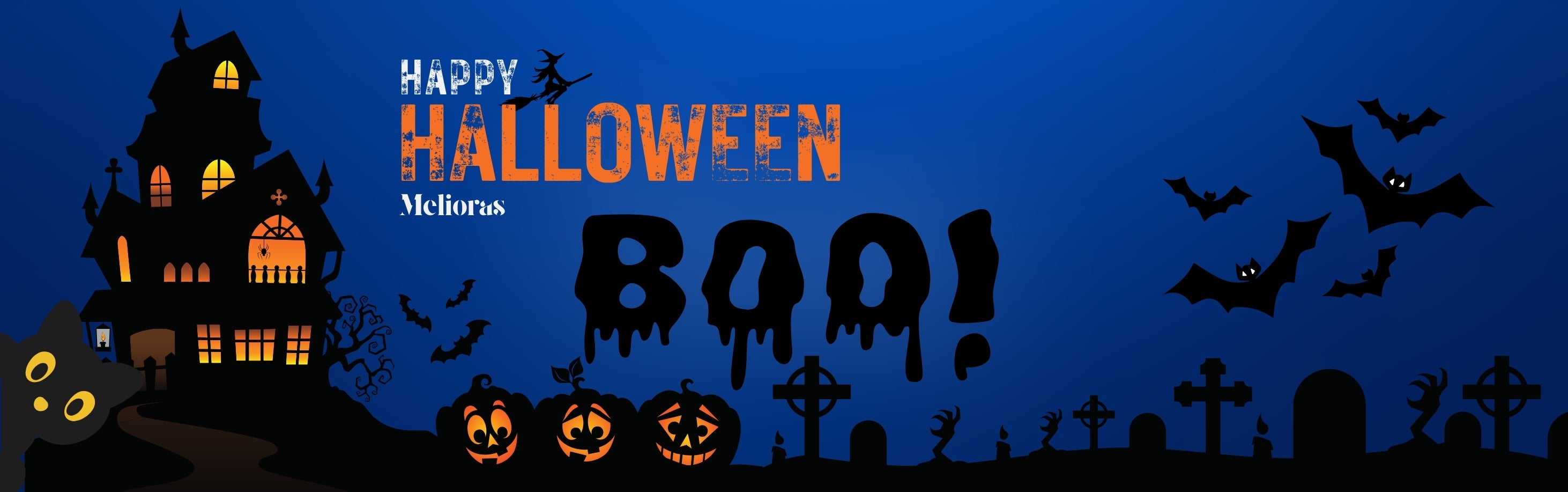 Halloween-Banner mit Spukhaus, Kürbissen, Fledermäusen und schwarzer Katze, Schriftzug ‚Happy Halloween Melioras‘ und Button mit dem Text ‚Süßes, oder Saures? Klick drauf