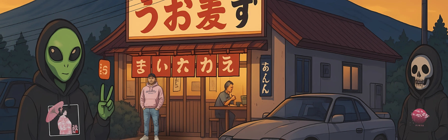 Melioras Japan Kollektion: Sunset-Szene mit Streetwear-Charakteren vor Mount Fuji und Izakaya. Limitierte Designs. Jetzt entdecken.