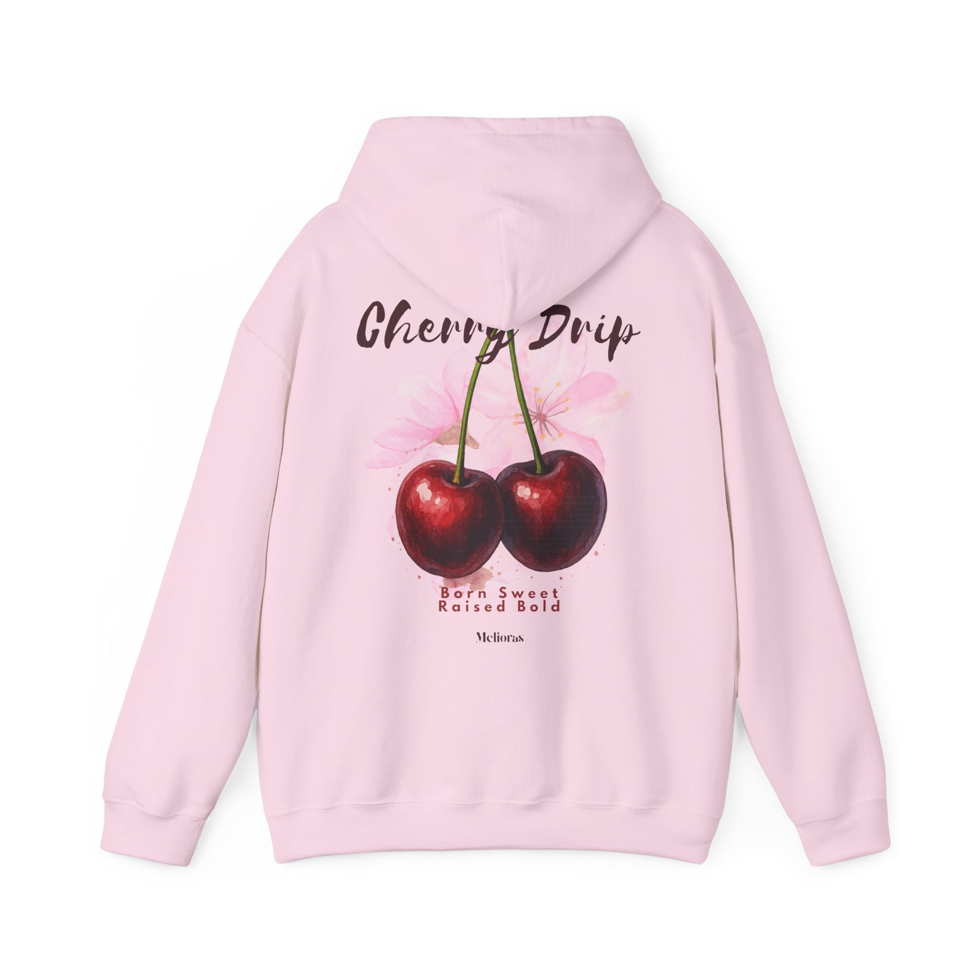 Unisex Hoodie in Rosa aus Baumwolle mit Kapuze, großem Rückenprint Cherry Drip mit roten Kirschen, Blütenmotiv und Melioras Logo