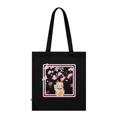 Schwarze Tote Bag aus Baumwolle mit Maneki-neko Katzenmotiv und rosa Sakura Blüten