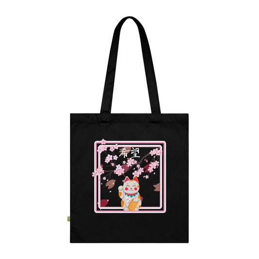 Schwarze Tote Bag aus Baumwolle mit Maneki-neko Katzenmotiv und rosa Sakura Blüten