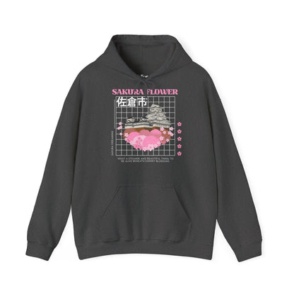 Dunkelgrauer Hoodie mit Kapuze, Kängurutasche und großem Frontmotiv Sakura Flower, Kirschblüten und japanischer Burg