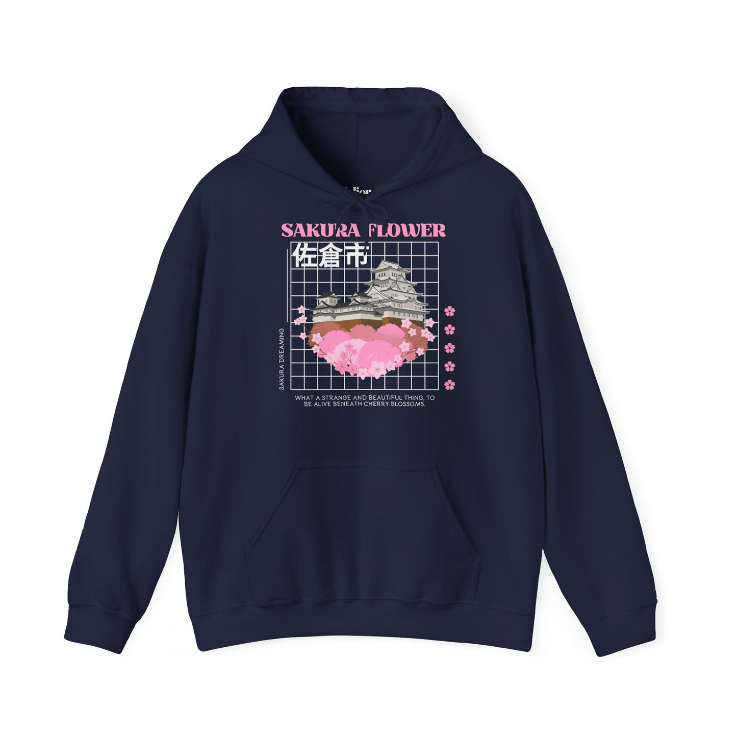 Marineblauer Hoodie mit Kapuze und Print Sakura Flower – pinke Kirschblüten vor japanischer Architektur