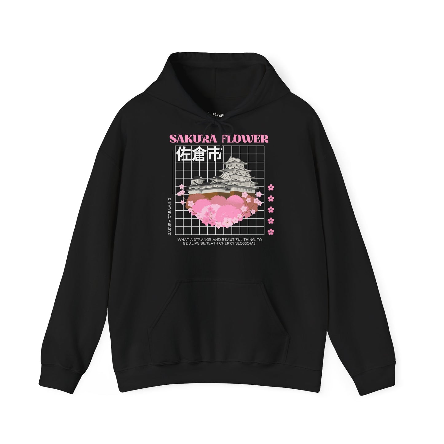 Schwarzer Hoodie aus Baumwolle mit Kapuze und Kängurutasche, Frontprint Sakura Flower mit Kirschblüten und japanischem Schriftzug