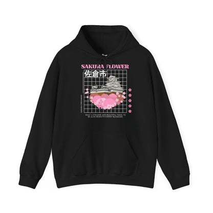 Schwarzer Hoodie aus Baumwolle mit Kapuze und Kängurutasche, Frontprint Sakura Flower mit Kirschblüten und japanischem Schriftzug
