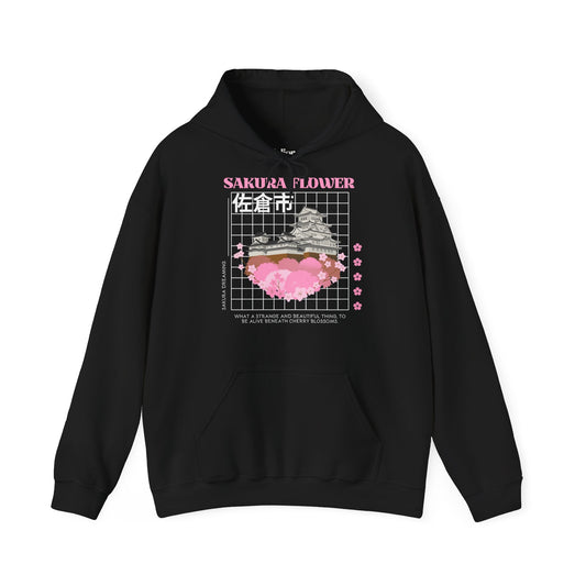 Schwarzer Hoodie aus Baumwolle mit Kapuze und Kängurutasche, Frontprint Sakura Flower mit Kirschblüten und japanischem Schriftzug