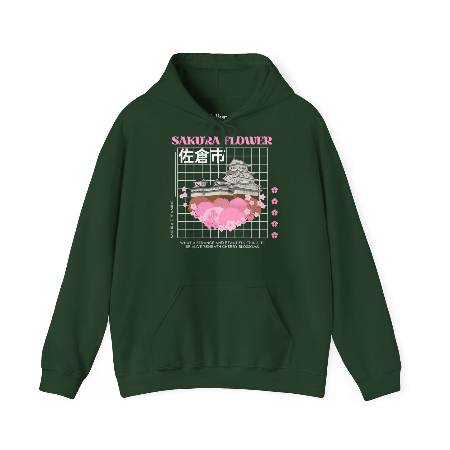 Waldgruener Hoodie mit Kapuze, Kängurutasche und großem Frontmotiv Sakura Flower, Kirschblüten und japanischer Burg