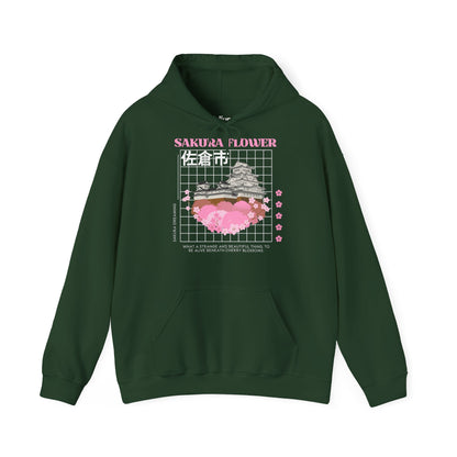 Waldgruener Hoodie mit Kapuze, Kängurutasche und großem Frontmotiv Sakura Flower, Kirschblüten und japanischer Burg