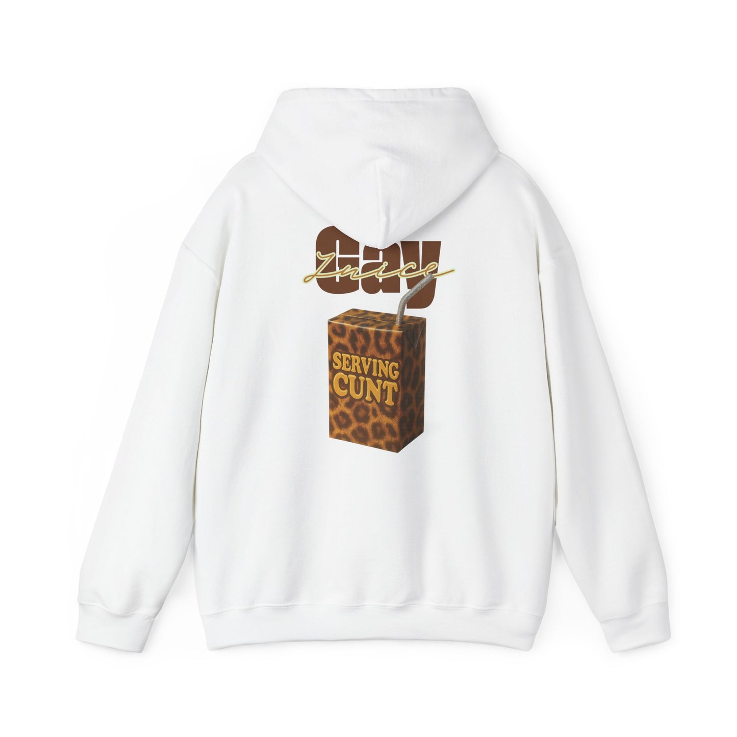 Weißer Hoodie aus Baumwolle mit Kapuze, Kängurutasche und großem Rückenprint – Tetrapack im Leopardenmuster mit Aufschrift Serving Cunt