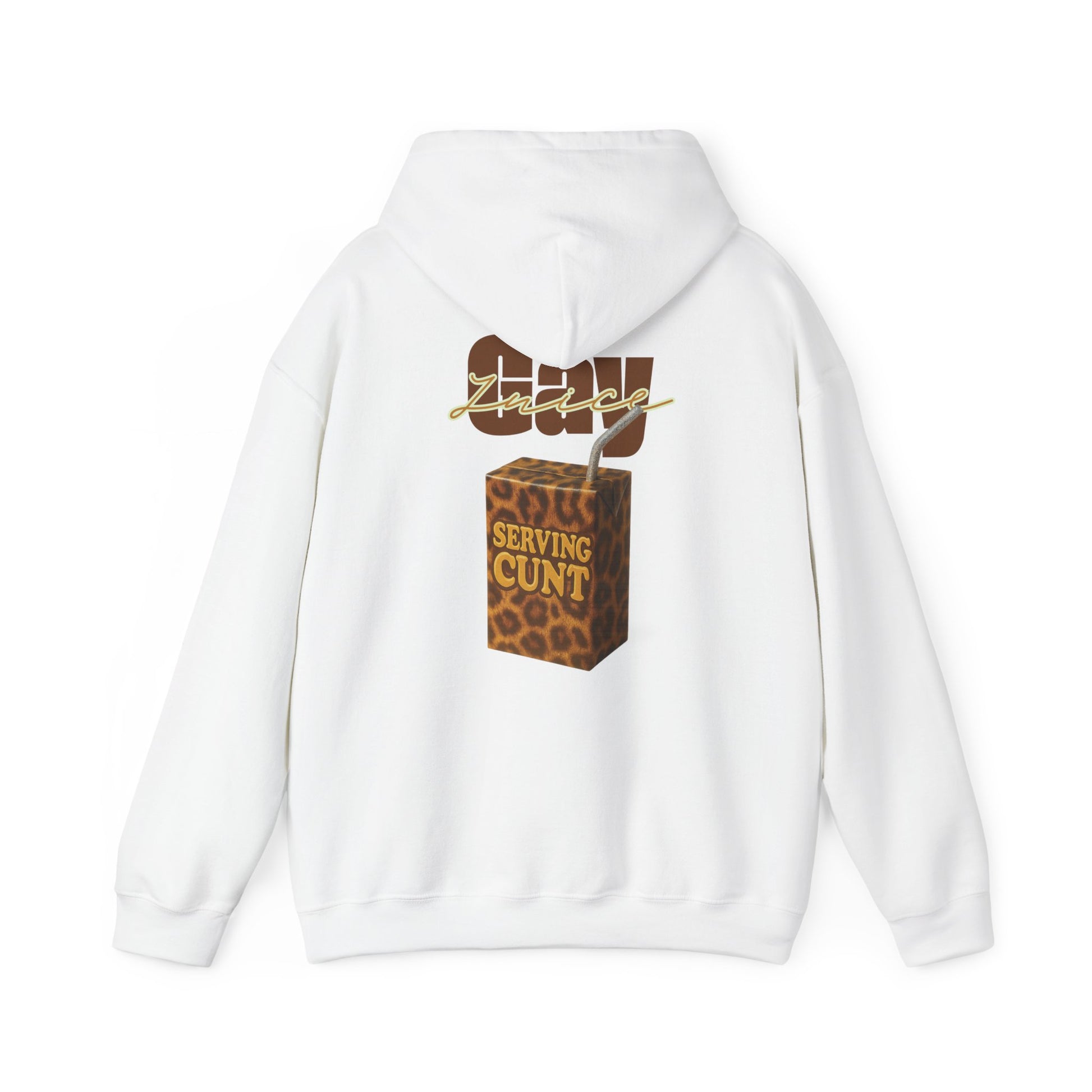 Weißer Hoodie aus Baumwolle mit Kapuze, Kängurutasche und großem Rückenprint – Tetrapack im Leopardenmuster mit Aufschrift Serving Cunt