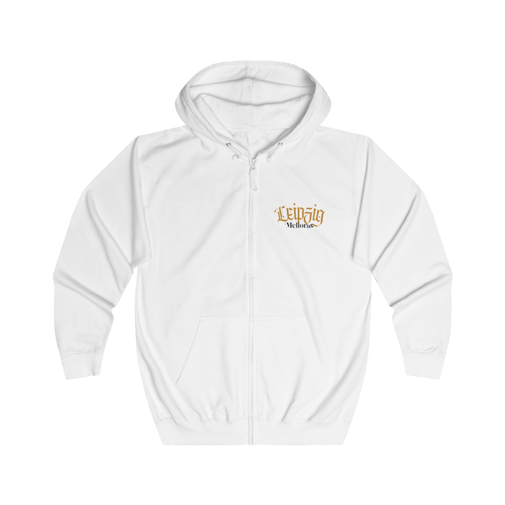 Weißer Zip-Hoodie aus Baumwolle mit Kapuze, durchgehendem Reißverschluss und geteilten Fronttaschen, Frontprint Leipzig in goldener Schrift mit Melioras Logo