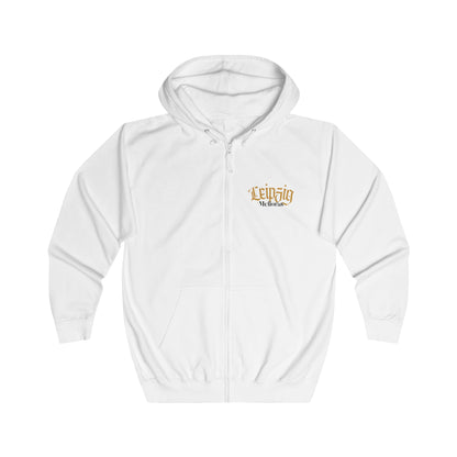 Weißer Zip-Hoodie aus Baumwolle mit Kapuze, durchgehendem Reißverschluss und geteilten Fronttaschen, Frontprint Leipzig in goldener Schrift mit Melioras Logo