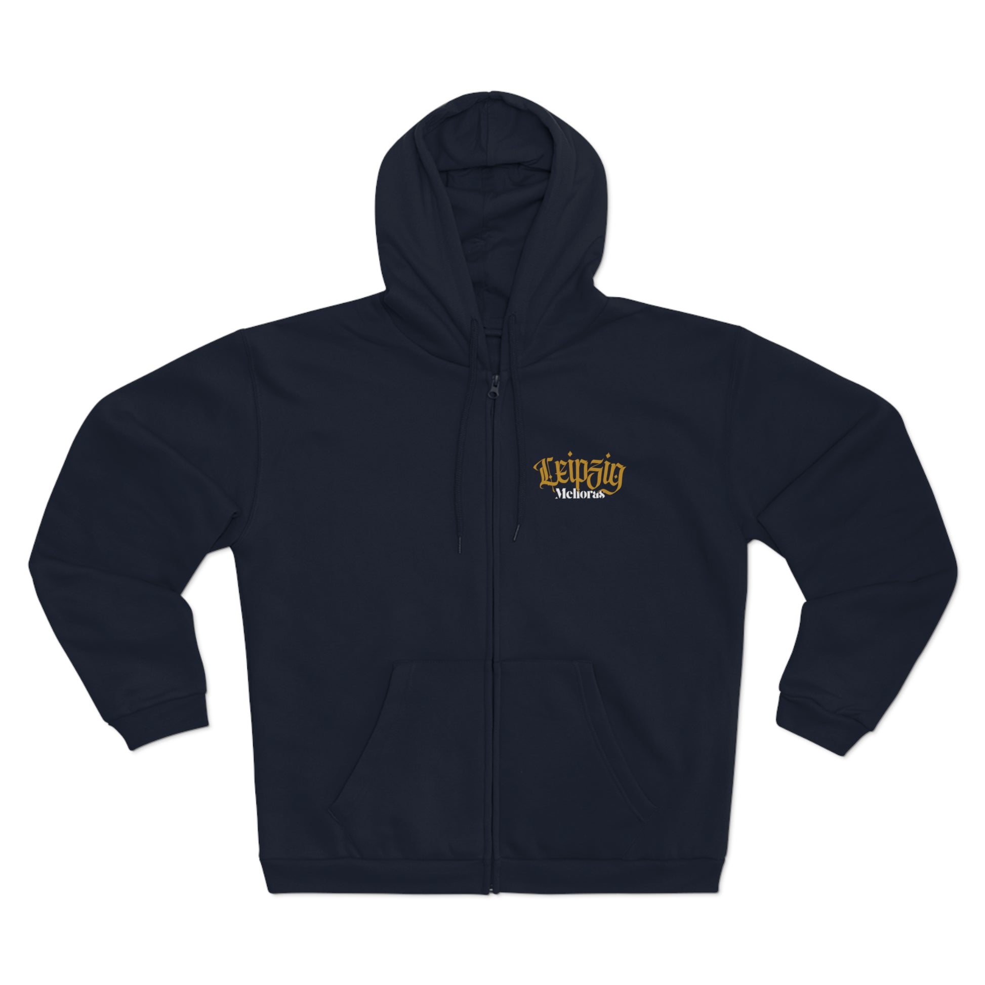 Unisex Zip Hoodie aus Baumwolle in Navy mit Kapuze und Reißverschluss, Frontprint Leipzig Melioras in goldener Schrift, auch bekannt als Kapuzenjacke oder Sweater