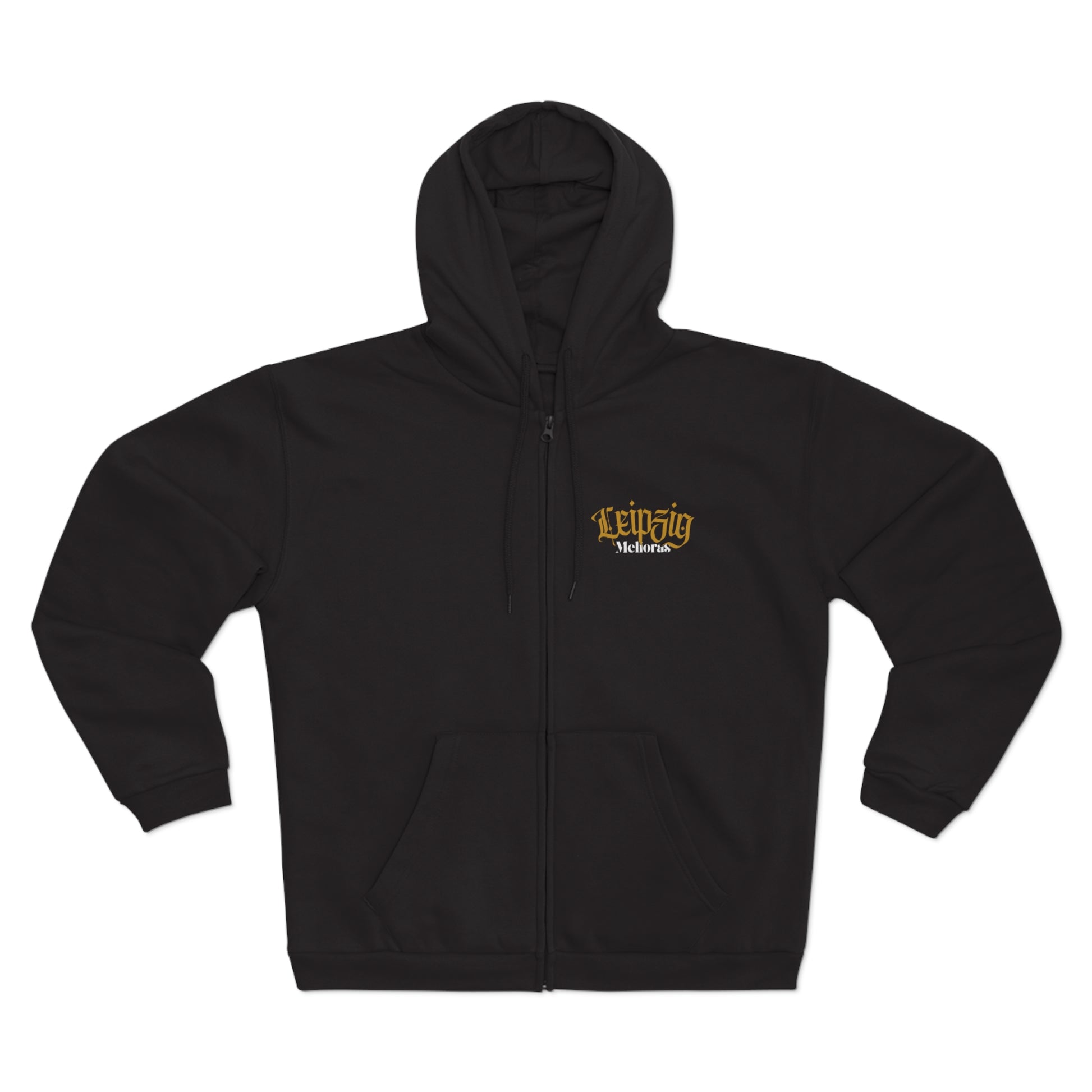 Unisex Zip Hoodie aus Baumwolle in Schwarz mit Kapuze und Reißverschluss, großem Rückenprint Leipzig Spirit mit Statue und goldener Schrift, auch als Hoodie oder Strickjacke getragen